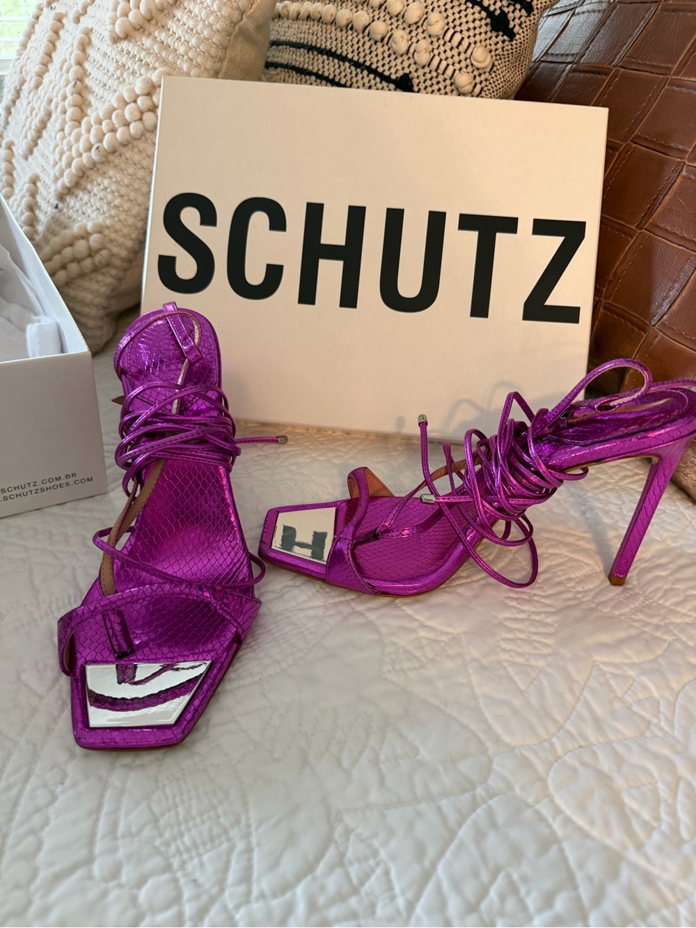 Schutz Vikki Metallic Purple Lace-Up High Heel Sandals NIB